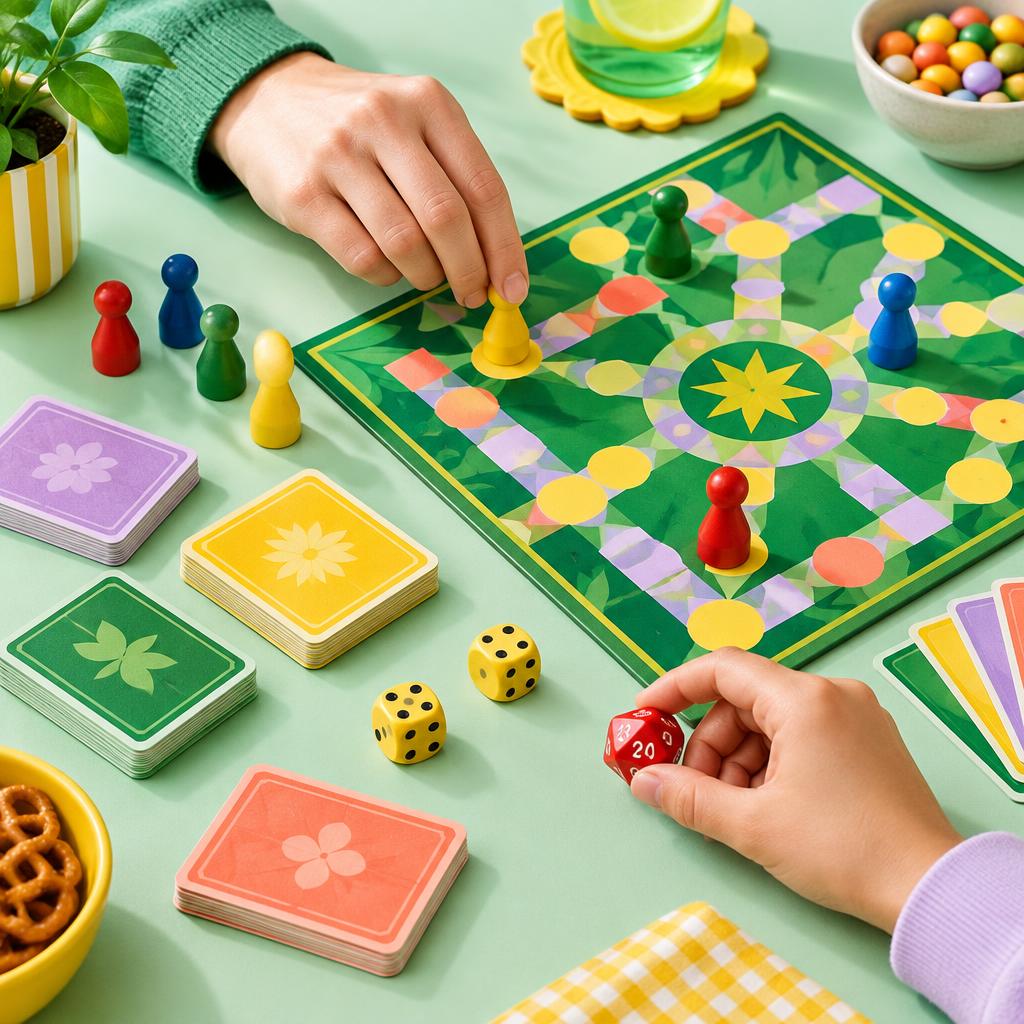 Colorful dice, cards and game pieces around a tabletop game